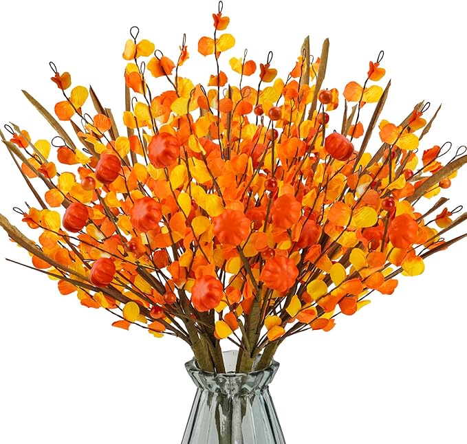 Krissing 6 Pcs Fall Floral Stems,17.3”Fall Berry Stems with Pumpkins Autumn Berry Floral Picks Branches for Vase Autumn Arrangement Centerpieces Harvest Thanksgiving Home Fall Decor