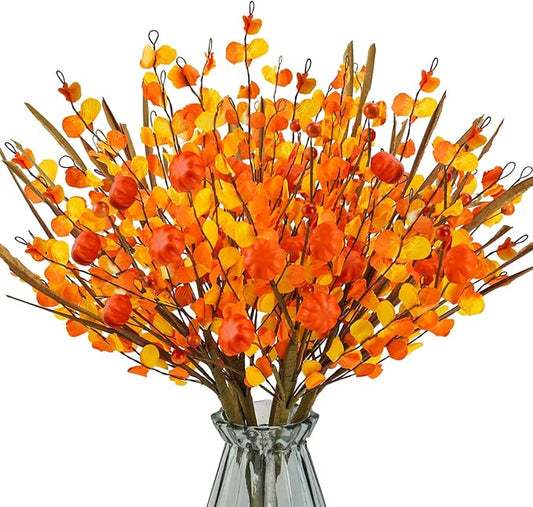 Krissing 6 Pcs Fall Floral Stems,17.3”Fall Berry Stems with Pumpkins Autumn Berry Floral Picks Branches for Vase Autumn Arrangement Centerpieces Harvest Thanksgiving Home Fall Decor