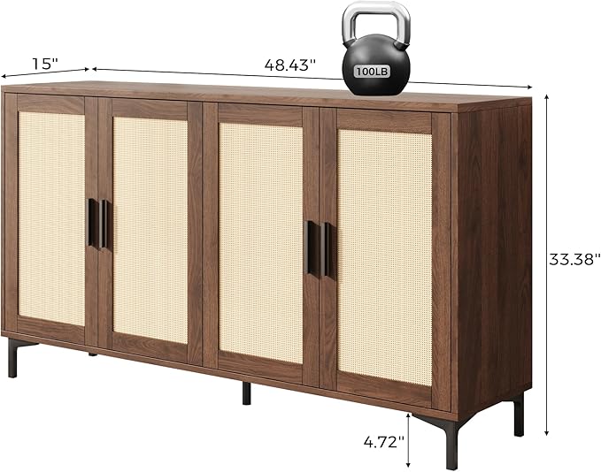 Modern Rattan Decor Sideboard - 42"W x 34.66"H x 15"D, Brown, 4 Doors, 3 Adjustable Shelves, Kitchen Buffet Cabinet, Dining Room, Living Room