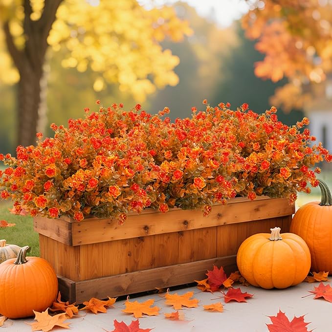 20 Bundles Artificial Fall Flowers for Outdoors Fall Decorations-UV Resistant Fake Mums Faux Plant Plastic Flowers Gardens Porch Fireplace Home Autumn Thanksgiving Decor(Brown Eucalyptus Flower)