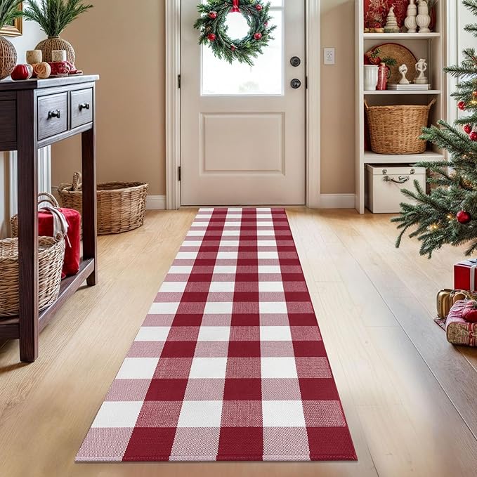 KOZYFLY Buffalo Plaid Rug 2x8 Ft Runners for Hallways Washable Checkered Rug Red and White Christmas Rugs Woven Cotton Kitchen Fall Rug Halloween Decor for Hallway Kitchen Living Room