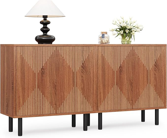 LITTLE TREE 59 Inches Long Sideboard Buffet Cabinet, Vintage Storage Cabinet with 4 Doors, Large Coffee Bar Cabinets for Kitchen, Cupboard Console Cabinets, Old Rose Color