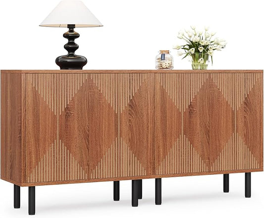 LITTLE TREE 59 Inches Long Sideboard Buffet Cabinet, Vintage Storage Cabinet with 4 Doors, Large Coffee Bar Cabinets for Kitchen, Cupboard Console Cabinets, Old Rose Color