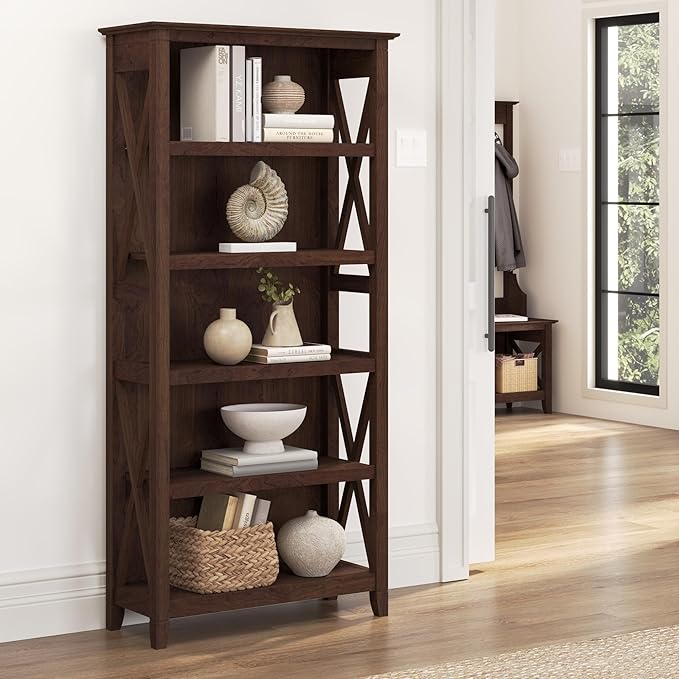 Bush Furniture Tall 5 Shelf Bookcase for Living Room or Home Office, Large Bookshelf, Modern Farmhouse Style, Key West Collection, Bing Cherry