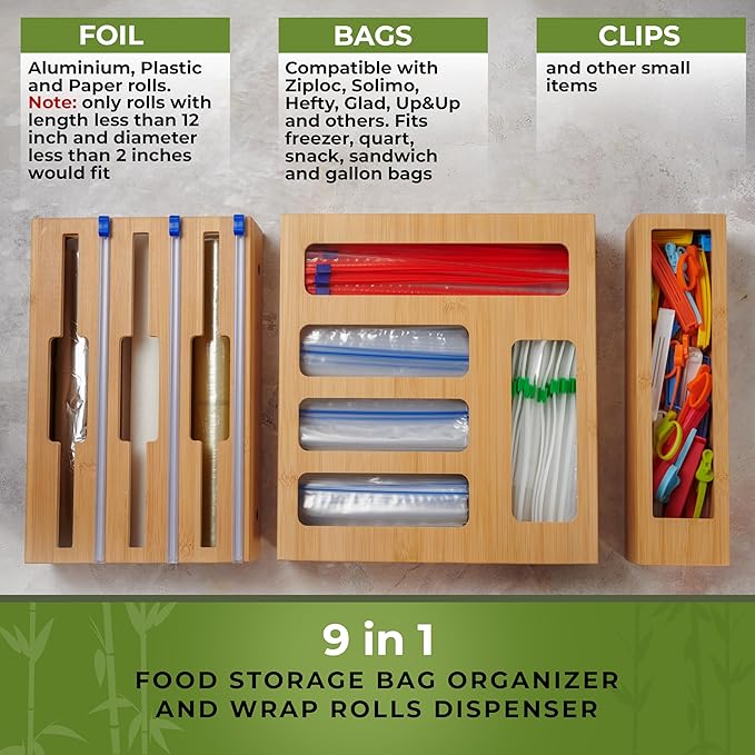 Bamboo Storage Bag Organizer, 9 in 1 Sandwich Bag Organizer, Aluminum Foil and Plastic Wrap Organizer with Labels Included. Baggie Organizer for drawer, Compatible with Gallon, Quart, Snack size bags
