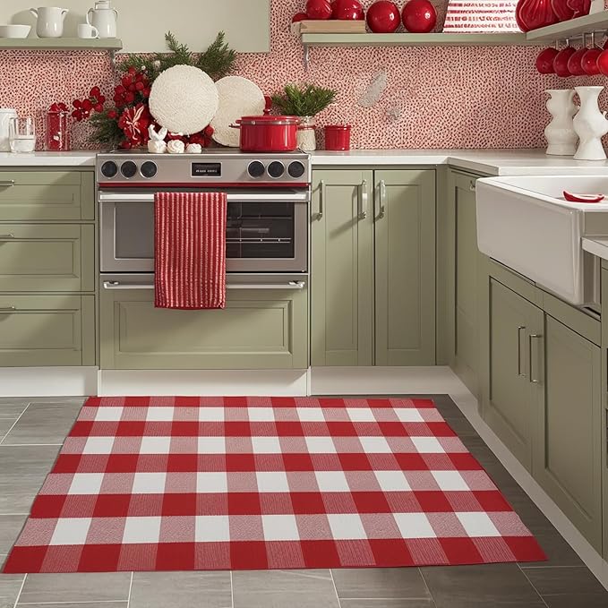 SEEKSEE Cotton Buffalo Plaid Rug 3'x5' Red and White Checked Rug Washable Doormats Indoor Outdoor Rugs for Layered Front Door Mats, Porch, Kitchen, Farmhouse, Entryway