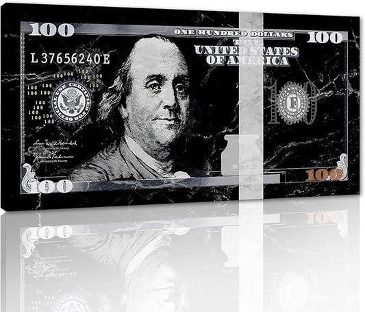 Inspirational 100 Dollar Wall Art Benjamin Franklin Black and white Graffiti Money Canvas Office Home Wall Art Inspired Motivational Wall Decor for Gym Coffee Shop Wooden Framed Easy to Hang-32"Wx16"H