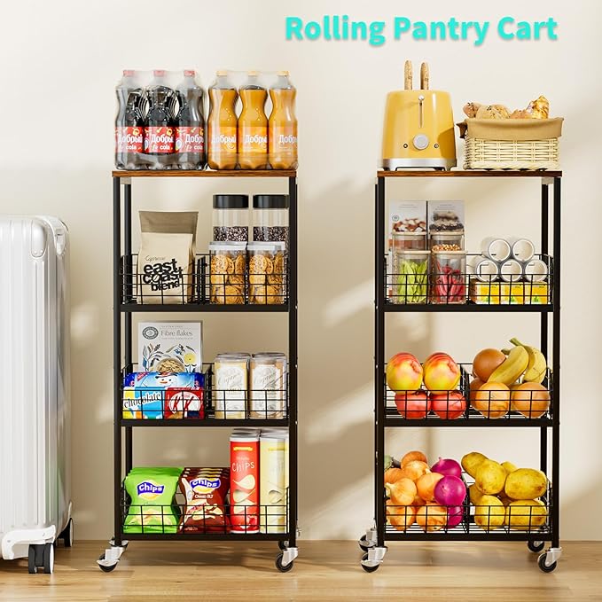 HapiRm Kitchen Fruit Vegetable Cart - 4 Tier Rolling Storage Rack with Wheels and Dividers, Coffee Station Cart Rack Shelf Organizer for Onion, Potato, Snack, Fruit, Vegetable Storage Stand, Black