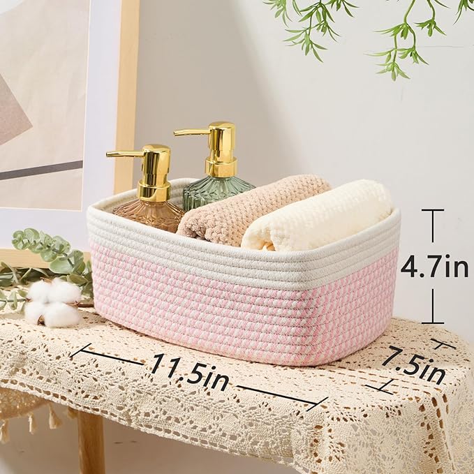 Small Storage Baskets for Organizing | Closet Organizer Bins | Shelf Toy Basket | Woven Rope Baskets | Cube Decorative Box | Shallow Basket | 11.5x7.5x4.7” | 3 Packs White Pink