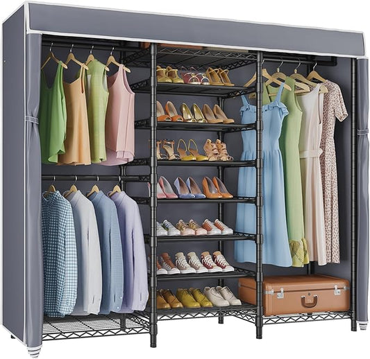 VIPEK S3C Heavy Duty Portable Closet with Adjustable Shoe Rack Wire Shelf, Large Wardrobe Organizer for Bedroom Storage, Freestanding Clothes Rack with Hanging Rod, Custom Black Rack with Grey Cover