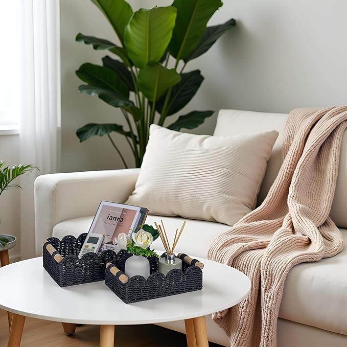 CubesLand Scalloped Edge Decor Baskets for Home, Living Room, Toilet Paper Storage Basket for Over Toilet Shelf, End Table,Shelves and More, Small Paper Rope Baskets Both Storage&Decor, Set 2 Black