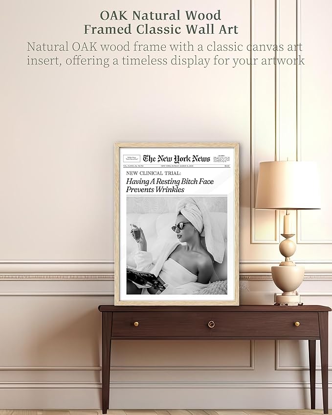 iHery Having A Resting Bitch Face Prevents Wrinkles Newspaper Headline Framed Wall Art, Natural OAK Wood Trendy 12x16 in Vintage Canvas Print For Bedroom, Wall Décor Living Room Bathroom Set of 1