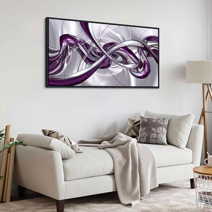 Pogusmavi Purple Wall Art - 3D Framed Canvas Abstract Art for Living Room, Modern Silver Wall Decor, Office Artwork, Bedroom Pictures, Contemporary Prints, Paintings for Wall Decorations 20×40IN
