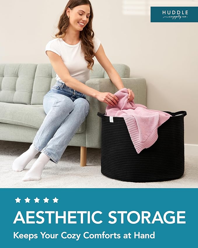 XXXXL WASHABLE Large Black Basket Blanket Basket Living Room 2PCs Toy Baskets Storage Kids Woven Rope XXX Extra Large Basket for Blankets,Pillows,Throws,Laundry + Small Basket | BIG Basket Blanket