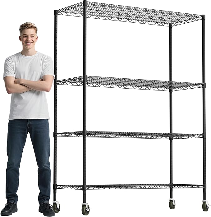 Whitmor 4 Tier Storage Shelves with Wheels, Heavy Duty Metal Shelving Unit, 625 lbs Capacity per Shelf, 2500 lbs Total for Kitchen, Garage, Plant, 55" L x 24" W x 72" H, Black