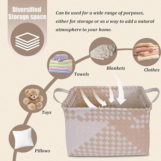 BROWNLILY Handwoven Clothes Basket Laundry Hampers Large Wicker Storage Baskets for Shelves Blankets Closet Storage Bins Car Bedroom Bathroom Organizers and Storage (Pack of 4, Khaki & Ivory White)