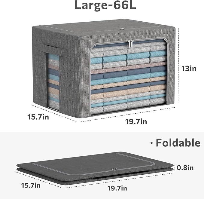 3Pack Foldable Storage Bins - Frame Storage Box Linen Fabric Stackable Clothes Container Organizer with Clear Window & Carry Handles Large Capacity (Large-66L, Dark Gray)