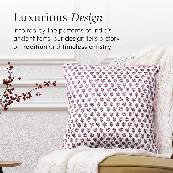 CPC 100% Cotton Throw Pillow Covers 20x20 Inch, Set of 2 Pink Block Print Pattern Couch Pillow, Cute Boho Decorative Pillows for Living Room, Bedroom with Hidden Zipper- Pink Sapphire