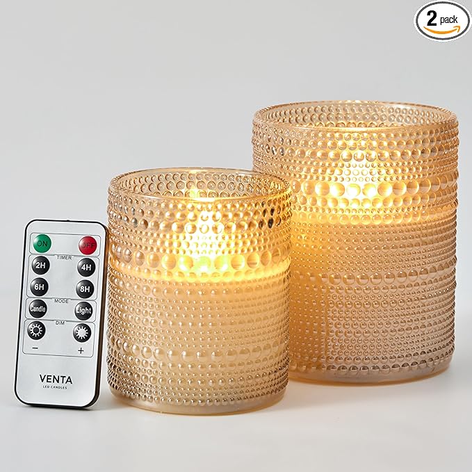 VENTA Flickering Flameless Candles With Remote Control - Led Candles Battery Operated - Battery Operated Candle For Decoration Table, Timer & Dimmer Features, Set - 2Pcs (4",5") (Ivory Dotted Glass)