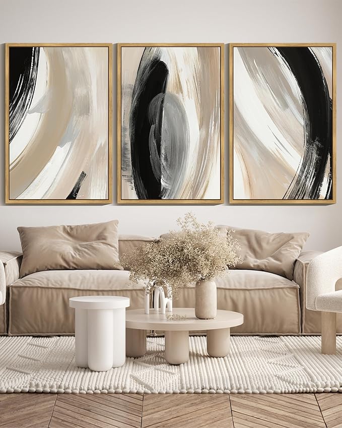 KUVIOKE Black Neutral Abstract Framed Wall Art Modern Minimalist Graffiti Pastel Wall Decor Art for Bedroom Living Room Hallway Ready to Hang 24x36in (Natural Framed)