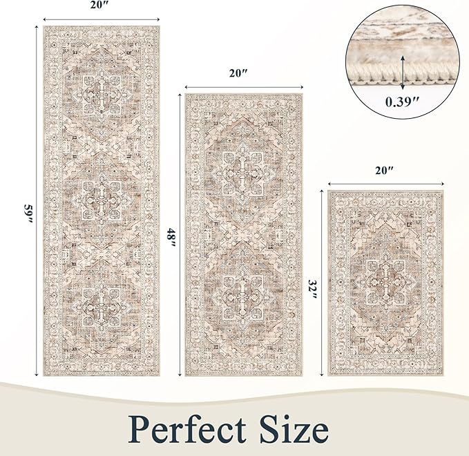 Pauwer Kitchen Mats for Floor 3 Piece Set Boho Non Slip Kitchen Rugs Washable Farmhouse Kitchen Floor Mats Thick Long Kitchen Throw Area Rug Carpet Runner for Hallway Entryway Laundry Bathroom, Beige