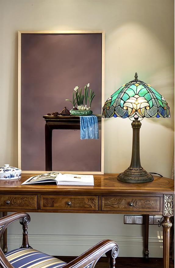 Tiffany Stained Glass Table Lamp, Retro-Style Blue Spot Bedside Lamp, Suitable for Home Decoration Art in Bedrooms, Dormitories, Living Rooms, Etc. (12 Inches)