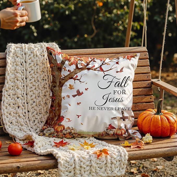 Fall for Jesus He Never Leaves Christian Throw Pillow Covers 18x18, Autumn Pumpkin Leaf Pillow Case Decor for Bedroom Home, Fall Christian Religious Gifts for Women