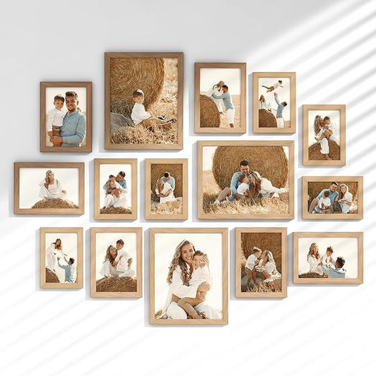 15 Pack Picture Frames Collage Wall Decor, Gallery Frame Set for Wall Mounting or Tabletop Display, Multi Sizes Including 3pcs 8x10, 6pcs 5x7, 6pcs 4x6, Oak