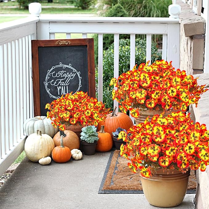 12 Bundles Artificial Flowers Outdoor Fake Fall Flowers for Outside Decoration UV Resistant Plastic Faux Plants for Garden Window Porch Balcony Fall Wedding Thanksgiving Decor
