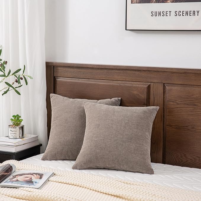 GAWAMAY Decorative Chenille Throw Pillow Covers 24x24 Inch Pack of 2, Soft Square Couch Pillow Cover for Sofa Cushion Living Room Bedroom Pillowcases Taupe Grey 60x60cm (ONLY Covers)