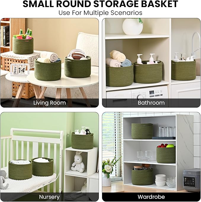 Small Storage Baskets for Organizing, Organizer Baskets for Shelves, Green Woven Basket for Storage Decor, Small Decorative Cotton Rope Basket, 9.7"×9.7"×7" (3 Packs) Green