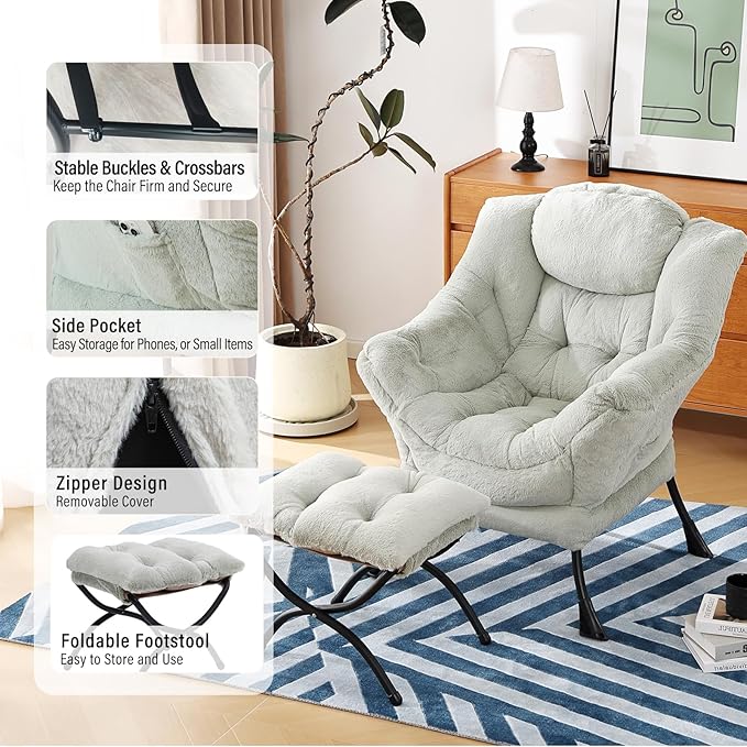 Lazy Chair with Ottoman, Modern Chair with Folding Footrest, Lounge Accent Chair, Comfortable Reading Chair (Plush Green)