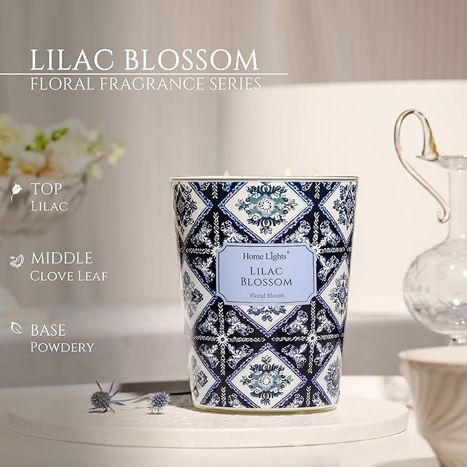 HomeLights Lilac Blossom Scented Candles | 34oz Soy Candles Bohemian Natural Textures 3-Wick Large Candle Jars | Ideal Candle Gifts for Events, Home Decor Stress, Relief & Relaxation