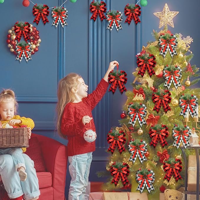 Syhood 6 Pcs Christmas Bows with Pine Cones Pine Needles Xmas Buffalo Plaid Bows Black White Plaid Ribbon Christmas Tree Wreath Decoration for Xmas Parties Indoor Outdoor Crafts DIY Decor