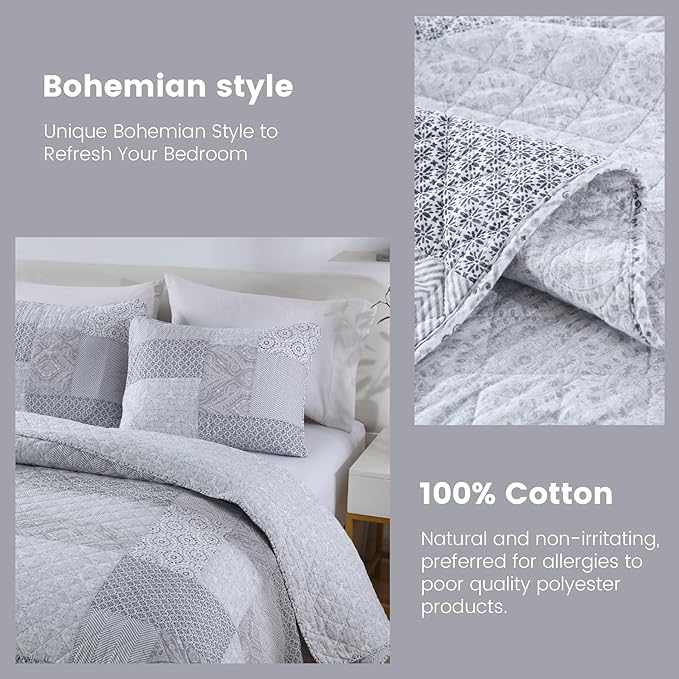 Secgo King Size Comforter Set- 100% Cotton Quilt King Size Set, Green, Sage bedspreads (96 * 108 Inch) with 2 Pillow Shams, Patchwork Reversible Lightweight Bedding