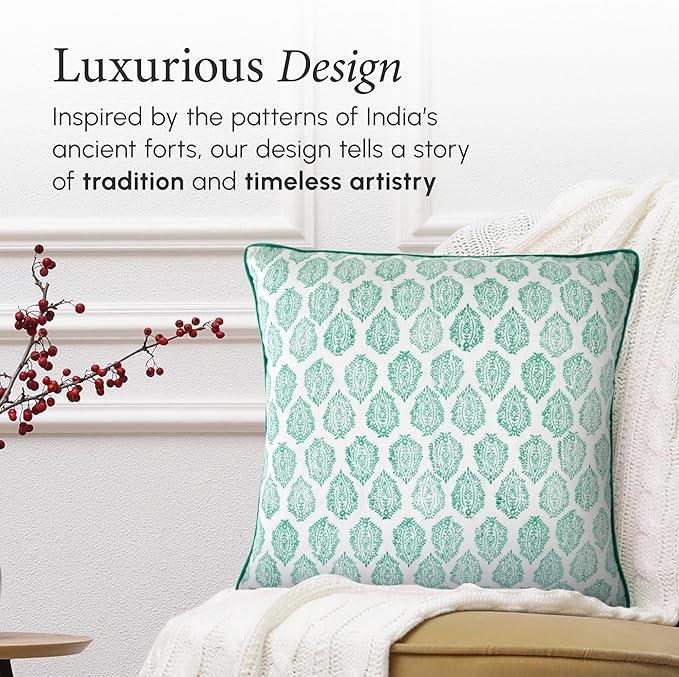 CPC 100% Cotton Throw Pillow Covers 24x24 Inch, Set of 2 Green Block Print Pattern Couch Pillow, Cute Boho Decorative Pillows for Living Room, Bedroom with Hidden Zipper- Sea Green