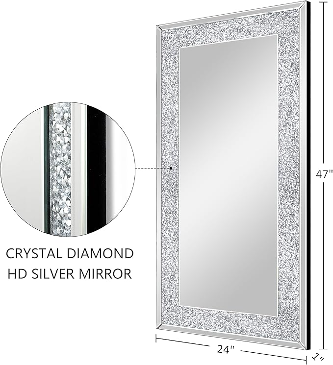 Crystal Crush Diamond Wall Mirror-47 x24 Silver Mirror, Gorgeous Rectangle Mirrors for Wall Bathroom, Bedroom, Dining Room and Living Room