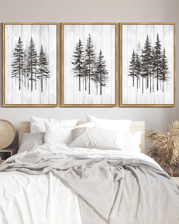 KUVIOKE Modern Pine Tree Framed Wall Decor Nature Forest Wall Decor Vintage Rustic Minimalist Paints for Farmhouse Bedroom Dining Room Decor24x36in (Natural Framed)