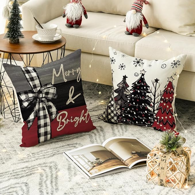 AVOIN colorlife Merry Christmas Joy Xmas Trees Red Throw Pillow Covers, 16 x 16 Inch Christmas Winter Holiday Cushion Case Decoration for Sofa Couch Set of 4