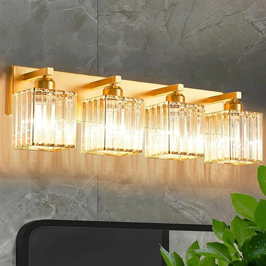 Bathroom Vanity Light Fixtures Over Mirror - Makeup Lighting Pure Gold - for Modern Wall, Bath, Desk, Farmhouse, Hallway 4 Crystal Lights