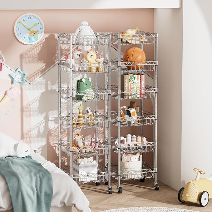 6 Shelves Storage Shelf Wire Closet Bathroom Organizers Metal Pantry Kitchen Garage Shelving Unit Laundry Room Organization Home Rack Net Basket Silver with Wheels 14" Dx14 Wx64.8 H