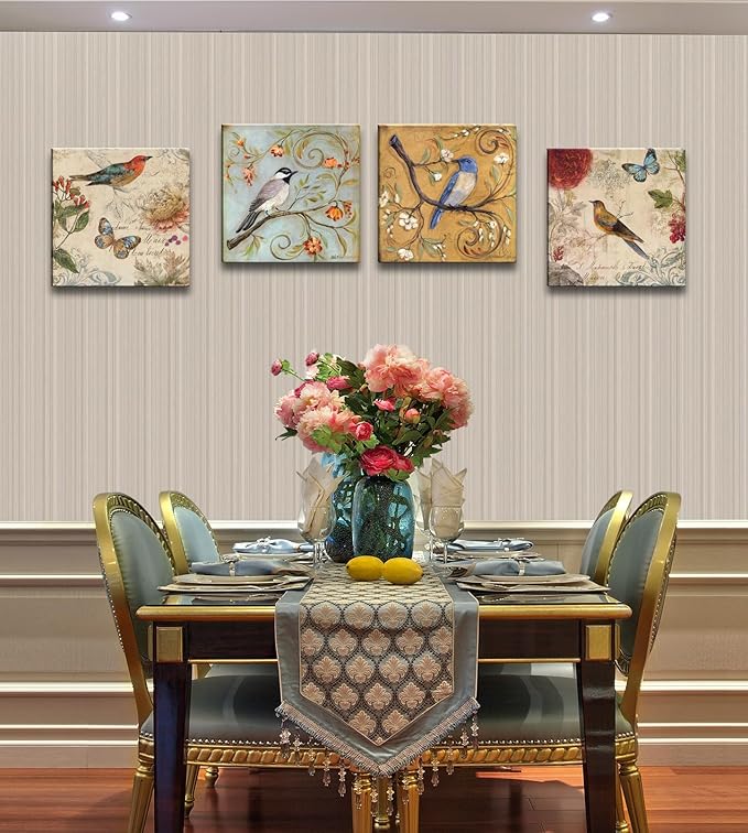 Flowers Birds Canvas Wall Art for Bedroom Floral Wall Decor Butterfly Picture Framed Artwork Vintage Prints Paintings for Bathroom Kitchen Decorations