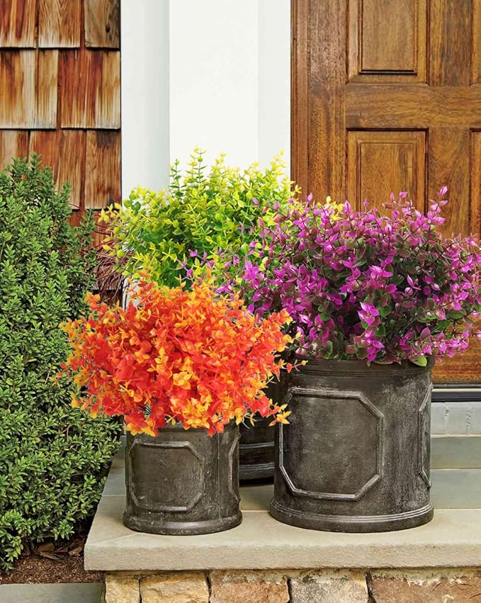 RECUTMS Artificial Flowers, Fake Outdoor UV Resistant Plants Faux Plastic Greenery Shrubs Indoor Outside Hanging Planter Home Kitchen Office Wedding, Garden Decor(Fuchsia Eucalyptus)