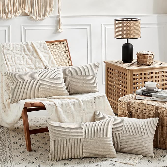 Fancy Homi 4 Packs Neutral Taupe Lumbar Decorative Throw Pillow Covers 12x20 Inch for Living Room Couch Bed Sofa, Farmhouse Home Decor, Soft Striped Corduroy Rectangle Accent Cushion Case 30x50 cm