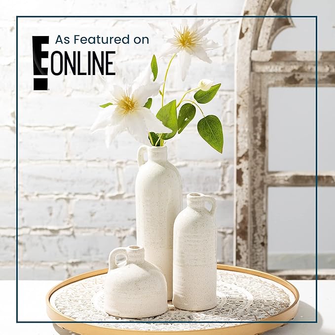 Sullivans Modern Farmhouse Distressed Two-Toned White Small Ceramic Jug Set of Three (3), 4, 7.5, 10” Tall, Crackled Finish Faux Floral Jugs, Distressed Decoration