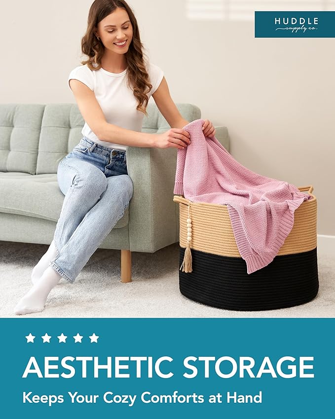 XXXXL WASHABLE Blanket Basket Living Room Boho 24" x 17" 2PCs Toy Baskets Woven Rope Basket for Blankets,Pillows,Throws,Laundry + Small Tray | Woven Storage Wicker (Black & Brown)