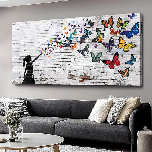 Canvas Wall Art Butterfly Girl - Modern Graffiti Paintings for Living Room, Bedroom Wall Decor, Framed Wall Art for Home or Office Decoration 28x58IN