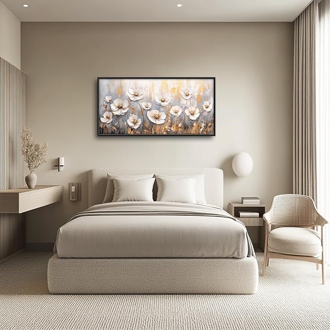 Olivine Flower Large Wall Art, White Floral Pictures Wall Decor, Retro Flowers Paintings Canvas Prints, Framed Artwork for Dining Room Bedroom Living Room Office Bathroom Home Decoration 60"x30"