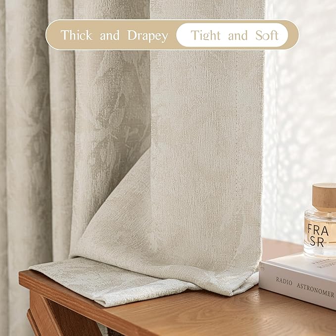 Beauoop Beige Floral Jacquard Blackout Curtains 63 Inches Long 2 Panels for Bedroom Living Room Taupe Flower Chenille Room Darkening Thermal Insulated Soundproof Grommet Window Treatments Drapes 52x63