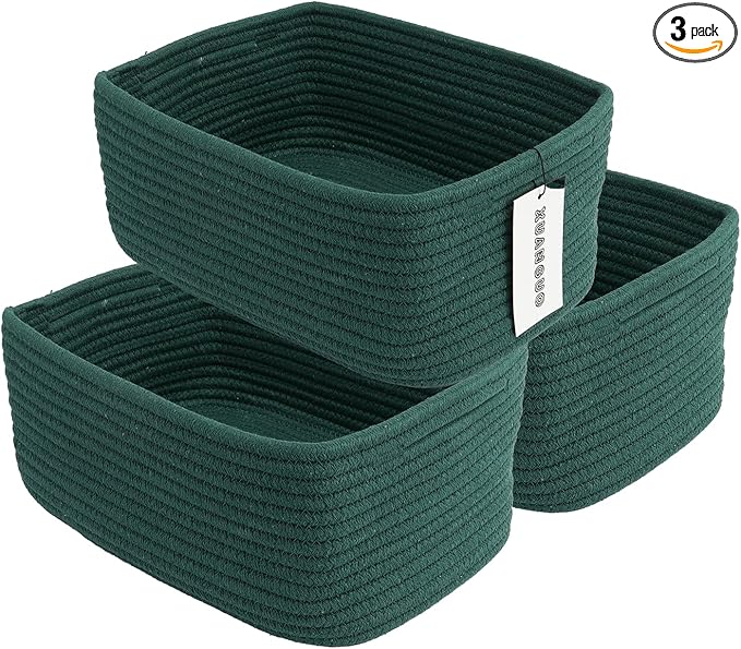 Small Woven Storage Baskets 12“X8”X5“ Decorative Rope Bins for Organizing Shelves, Closets, and Toys, Empty Gift Baskets, Cute Organizer Basket for Home and Office (dark green, regular)